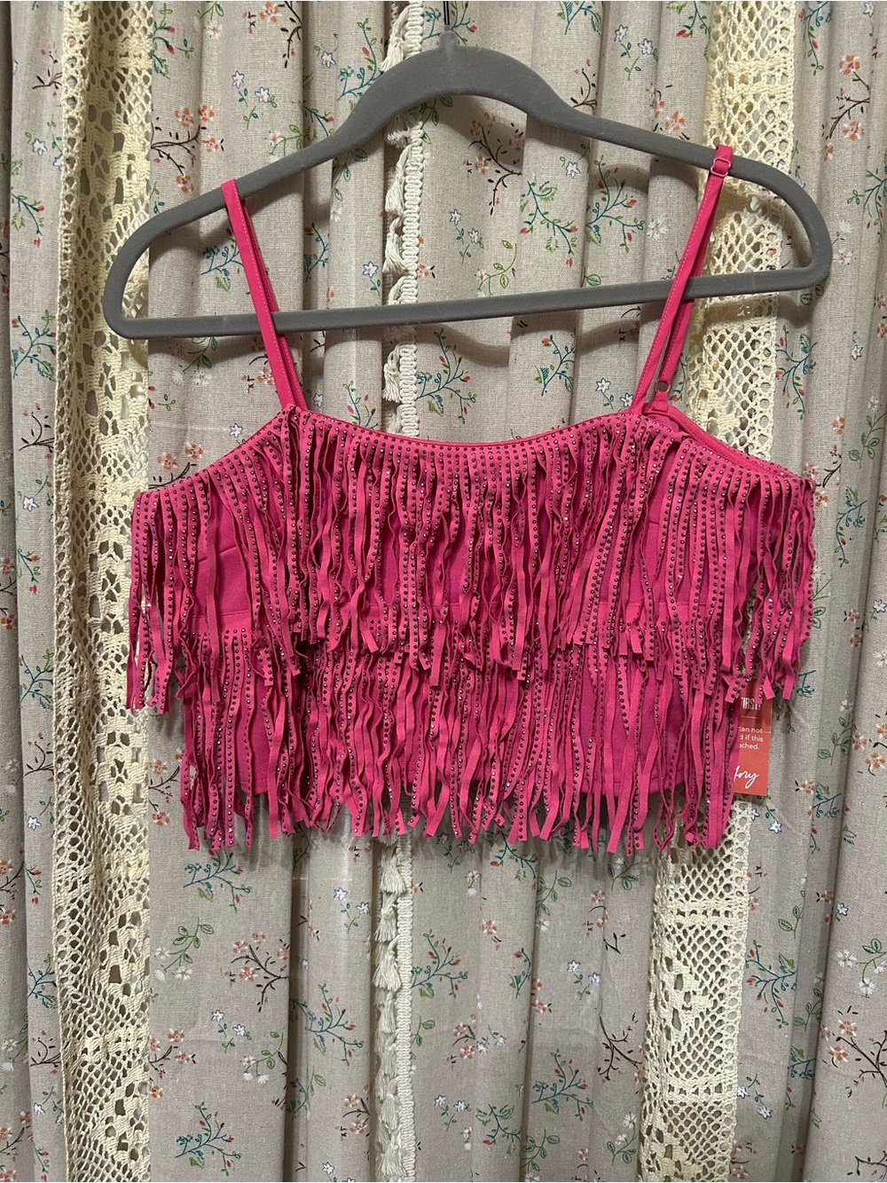 NWT Hot Pink Rhinestone Fringe Crop Top Western Glam Cowgirl Festival Top Medium - Picture 2 of 6